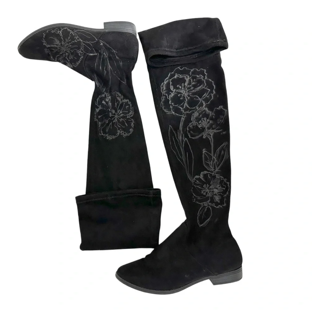 Express Black Floral Embroidered Over-the-Knee Boots Size 7